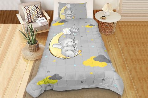 SEVİMLİ SARI BALON TUTAN FİL TEK KİŞİLİK KAPİTONELİ YATAK ÖRTÜSÜ, GRİ