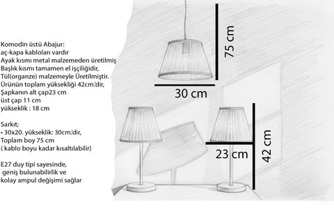 CANSU BEYAZ TÜL ABAJUR AVİZE TAKIMI, 90 CM