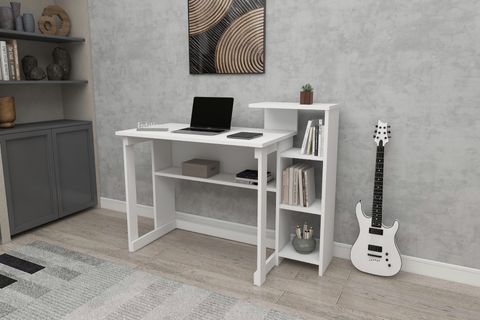 SAYE KİTAPLIKLI ÇALIŞMA MASASI, MAT BEYAZ, 5 RAFLI