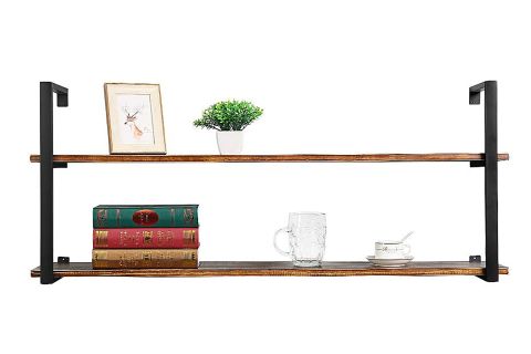 TASNİA SİYAH METAL AHŞAP DUVAR RAFI 120 CM 2 KATLI