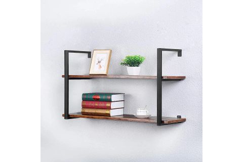 TASNİA SİYAH METAL AHŞAP DUVAR RAFI 90 CM 2 KATLI