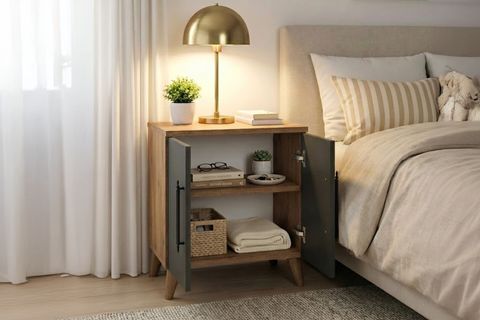 LUMEN RAFLI KLASİK KOMODİN, ANTRASİT ÇAM, 2 KAPAKLI