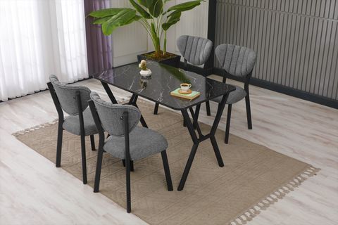 ELİS MUTFAK MASA TAKIMI, 4 SANDALYE, SİYAH, 110X70 CM, GRİ