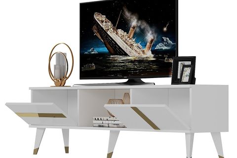 VANİA TV SEHPASI, 2 KAPAKLI RAFLI, BEYAZ ALTIN