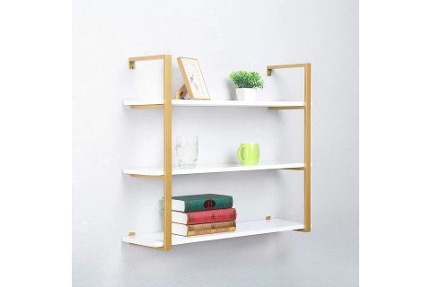 TASNİA GOLD METAL AHŞAP DUVAR RAFI 90 CM 3 KATLI