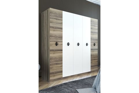 DİLAN COUNTRY GARDIROP, 5 KAPAKLI ASKILIKLI RAFLI BÖLMELİ, BEYAZ MEŞE