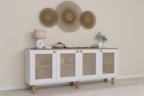 BOHEM SERİSİ NATURA PVC HASIR DESEN KONSOL, MAT BEYAZ AÇIK CEVİZ, 4 KAPAKLI