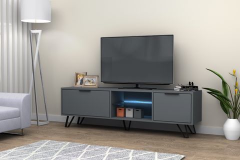 KASTER LED AYDINLATMALI METAL AYAKLI TV ÜNİTESİ, KOYU GRİ, 170 CM