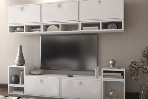 LERON GENİŞ DEPOLAMA ALANLI ÇOK BÖLMELİ DUVAR RAF SETİ VE TV DOLABI NRG TVT 1004