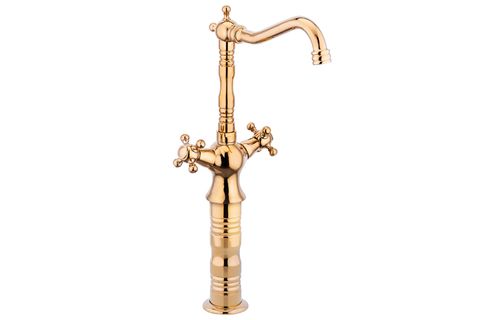 PRESS ALTIN YÜKSEK ÇANAK LAVABO BATARYASI TEZGAH ÜSTÜ DEKOR ESKITME MUSLUK