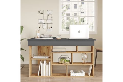 YURUDESİGN TYWİN KİTAPLIK RAFLI ÇALIŞMA MASASI, ÇAM ANTRASİT