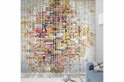 ELSE SARI KIRMIZI ETNİK KUTULAR DESENLİ DEKORATİF MODERN 3D TÜL FON PERDE 140X270