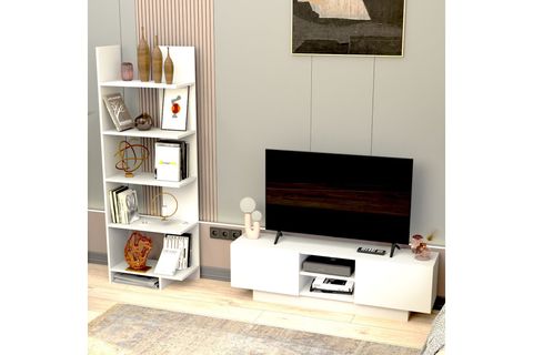 DORA TV SEHPASI VE ASİMETRİK BEŞ RAFLI KİTAPLIK, BEYAZ