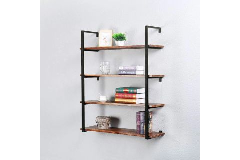 TASNİA SİYAH METAL AHŞAP DUVAR RAFI 90 CM 4 KATLI