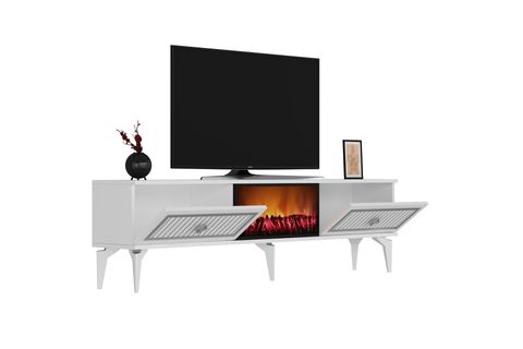FLAME ŞÖMİNELİ TV SEHPASI, BEYAZ GÜMÜŞ
