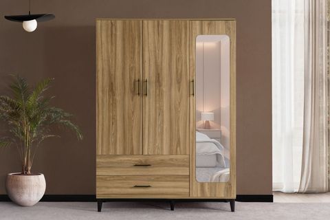 BLESK AYNALI ÇEKMECELİ GARDIROP, CEVİZ, 3 KAPAKLI