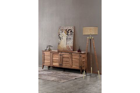 LUMEXX STİL SİLİNDİR LAMBADER, CEVİZ AYAK, RATTAN ABAJURLU