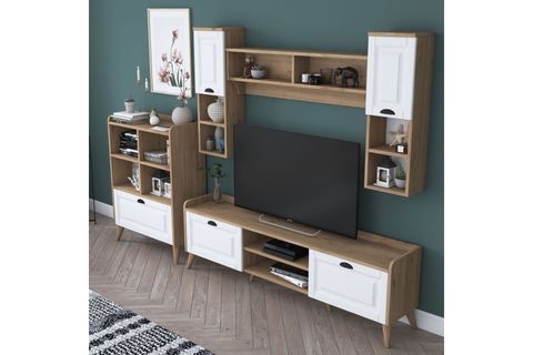 RANİ DUVARA MONTE TV ÜNİTESİ AA101, DUVAR RAFLI KİTAPLIKLI, CEVİZ BEYAZ