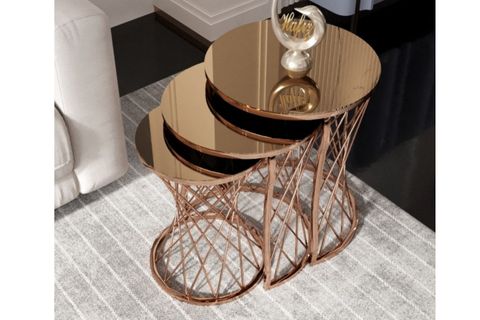 TUBİHOME HASIR C SEHPA TAKIMI, BAKIR AYAK BRONZ CAM