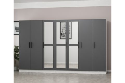 MİNAR KALE 7 KAPAKLI 3 AYNALI 4 ÇEKMECELİ DOLAP BEYAZ ANTRASİT 210CM