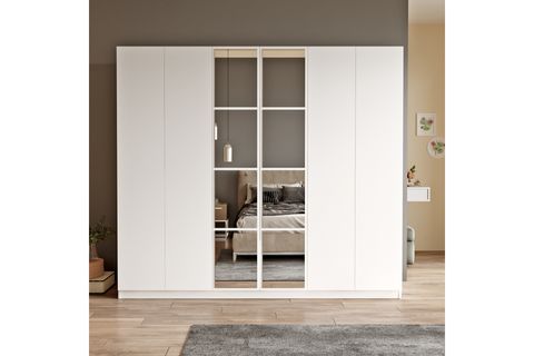 YURUDESIGN NEW HOME GARDIROP, 6 KAPAKLI, ÇEKMECELİ AYNALI, BEYAZ