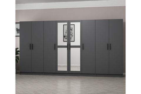 MİNAR KALE 8 KAPAKLI 2 AYNALI 2 ÇEKMECELİ DOLAP ANTRASİT 210CM