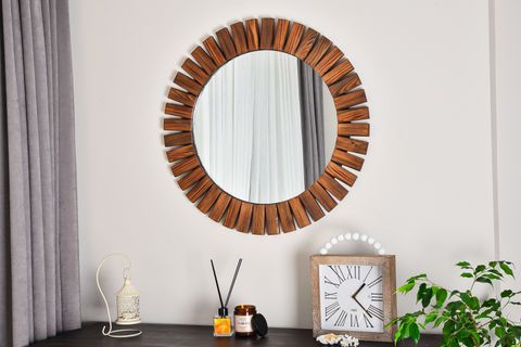 DFN WOOD FLOWER CEVİZ RENGİ AHŞAP YUVARLAK AYNA, 80X80 CM