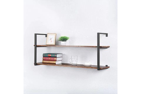 TASNİA SİYAH METAL AHŞAP DUVAR RAFI 120 CM 2 KATLI