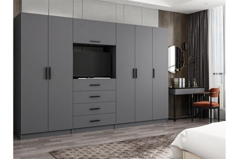 KALE 5 KAPAKLI 6 ÇEKMECELİ TV MODÜLLÜ DOLAP ANTRASİT 190CM