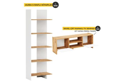 MONİ TV ÜNİTESİ VE KİTAPLIK SETİ, BEYAZ KAPAKLI