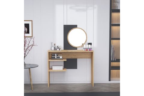 DALİ GENİŞ AYNALI RAFLI MAKYAJ MASASI, SAFİRMEŞE ANTRASİT