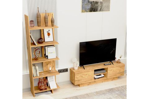 DORA TV SEHPASI VE ASİMETRİK BEŞ RAFLI KİTAPLIK, ÇAM