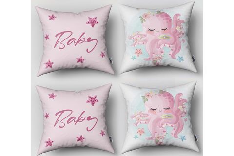 PEMBE BEBEK AHTAPOT DESENLİ ÇOCUK ODASI DİJİTAL BASKILI DÖRTLÜ KIRLENT KILIFI