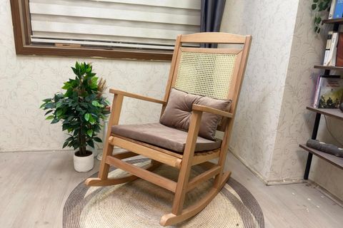 ASEDİA VERANDA HASIRLI MİNDERLİ SALLANAN SANDALYE, KAHVERENGİ, NATUREL AYAK