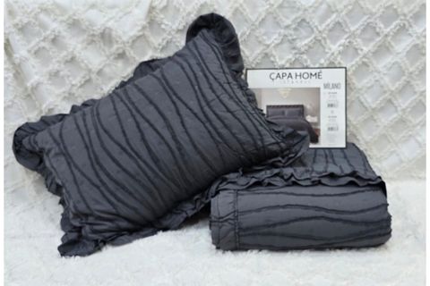 ÇAPA HOME MİLANO STONE WASH FIRFIRLI SAKALLI YATAK ÖRTÜSÜ, ANTRASİT, TEK KİŞİLİK