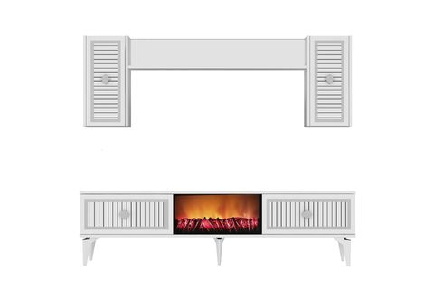 FLAME ŞÖMİNELİ TV ÜNİTESİ TAKIMI, BEYAZ GÜMÜŞ