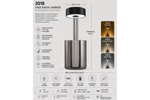 ÖZCAN AYDINLATMA VASE MASA LAMBASI SİYAH, 3018-19