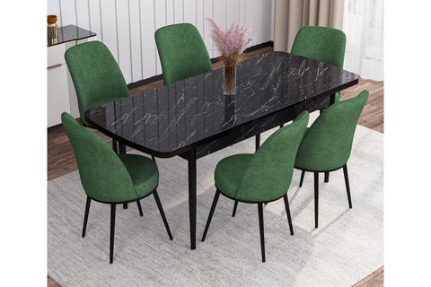 ROVENA LEONA AÇILABİLİR MUTFAK MASASI TAKIMI, SİYAH MERMER DESEN, HAKİ, 132X80