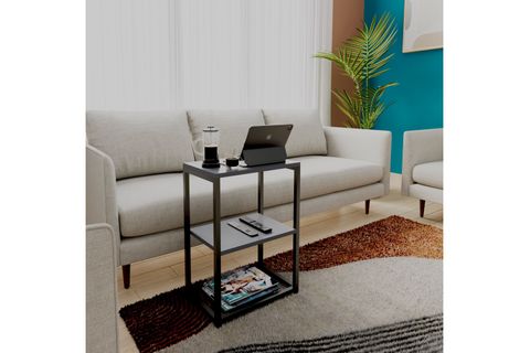 LİNA METAL AYAKLI AHŞAP RAFLI YAN SEHPA, ANTRASİT