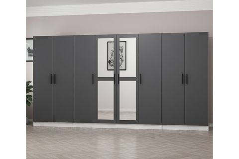 MİNAR KALE 8 KAPAKLI 2 AYNALI 2 ÇEKMECELİ DOLAP BEYAZ ANTRASİT 210CM