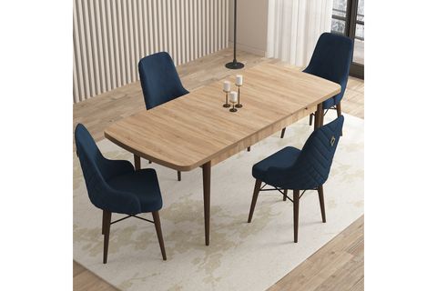 ROVENA QUEEN AÇILABİLİR MUTFAK MASASI TAKIMI 2499, MEŞE DESEN, LACİVERT, 132X80
