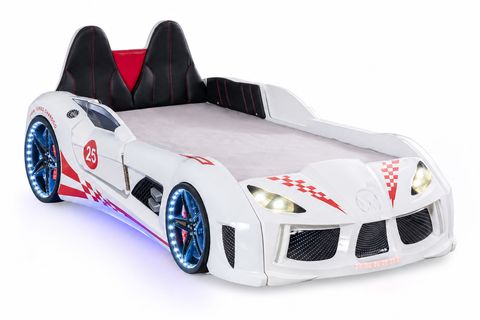 RACEİNG CAR V8 KAPILARI AÇILAN KOLTUKLU FULL LEDLİ ARABALI YATAK, BEYAZ, 100X190