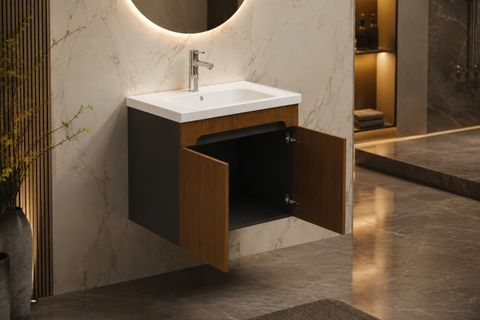 LODE IRMA ANTRASİT AHŞAP 60 CM SERAMİK LAVABOLU ALT BANYO DOLABI