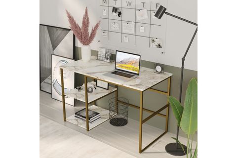 ROBİN HOME ATLANTİS GOLD METAL ÇALIŞMA MASASI RAFLI MERMER DESEN, 120 CM