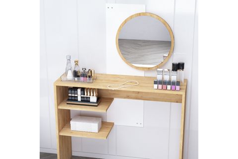 DALİ GENİŞ AYNALI RAFLI MAKYAJ MASASI, SAFİRMEŞE BEYAZ