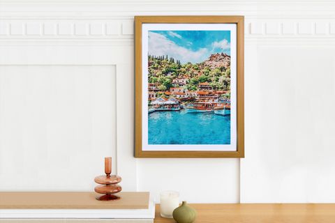 NATUREL ÇERÇEVELİ SULUBOYA ANTALYA KAŞ TABLOSU 33X43 CM