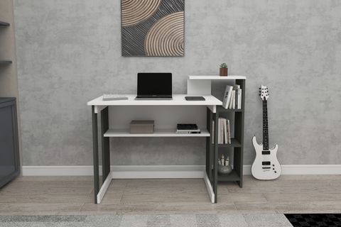 SAYE KİTAPLIKLI ÇALIŞMA MASASI, ANTRASİT BEYAZ, 5 RAFLI