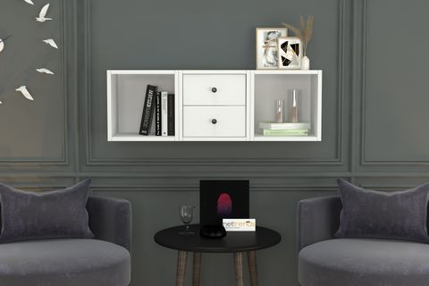 KİTAPLIKLI ÇEKMECELİ DUVAR RAFI, BEYAZ, 100 CM, DVR-1018-Ç