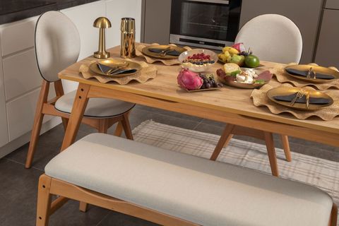 TOUCH BENCHLİ İSKANDİNAV MASA TAKIMI, MEŞE KREM, 4 SANDALYE 1 BENCH, 160X80