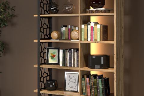 ATLANTİS LED IŞIKLI KUMANDALI ÖZEL TASARIM METAL AYAKLI KİTAPLIK, ATLANTİK ÇAM